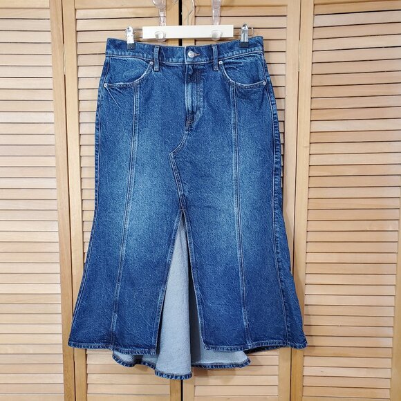 Express Super High Waisted Flare Hem Front Slit Denim Midi Skirt 8 - Picture 6 of 10